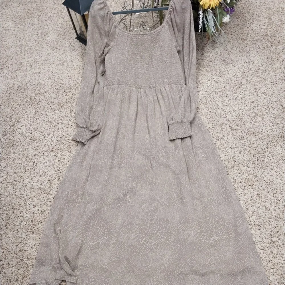 3119 Size 1X Sheer Lined Dress In Tan with Cream Dot with Elastic Runching Top. - Picture 7 of 7